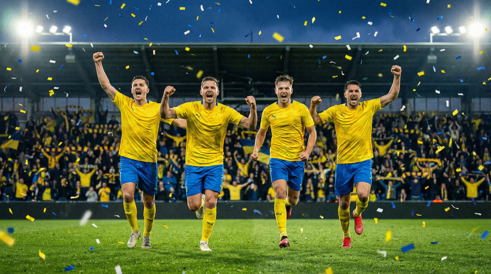 Svenska landslagsspelare i gula tröjor firar ett mål framför jublande fans på en fullsatt arena under en kvällsmatch