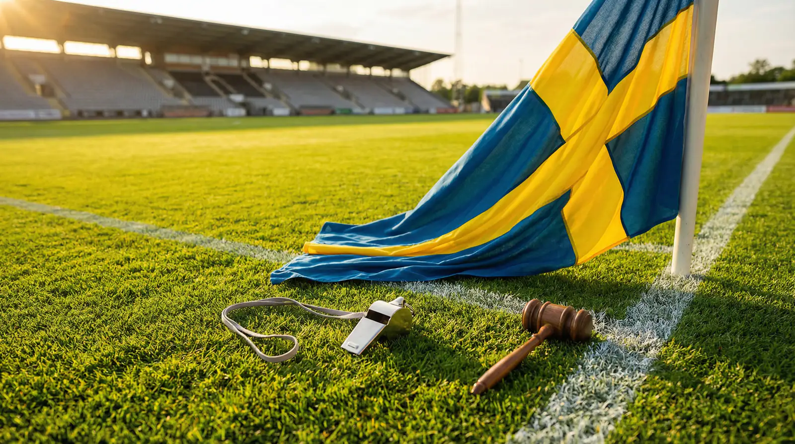 Svensk flagga och Spelinspektionens logotyp bredvid en fotbollsplan som symboliserar regler för VM-spel i Sverige