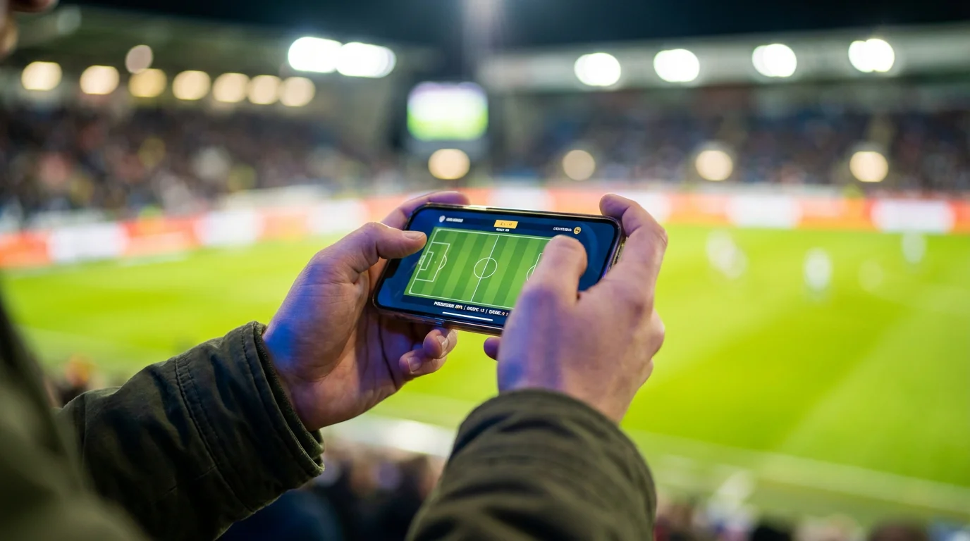 Närbild på händer som håller en mobiltelefon framför en upplyst fotbollsplan under en kvällsmatch i ett stort stadion