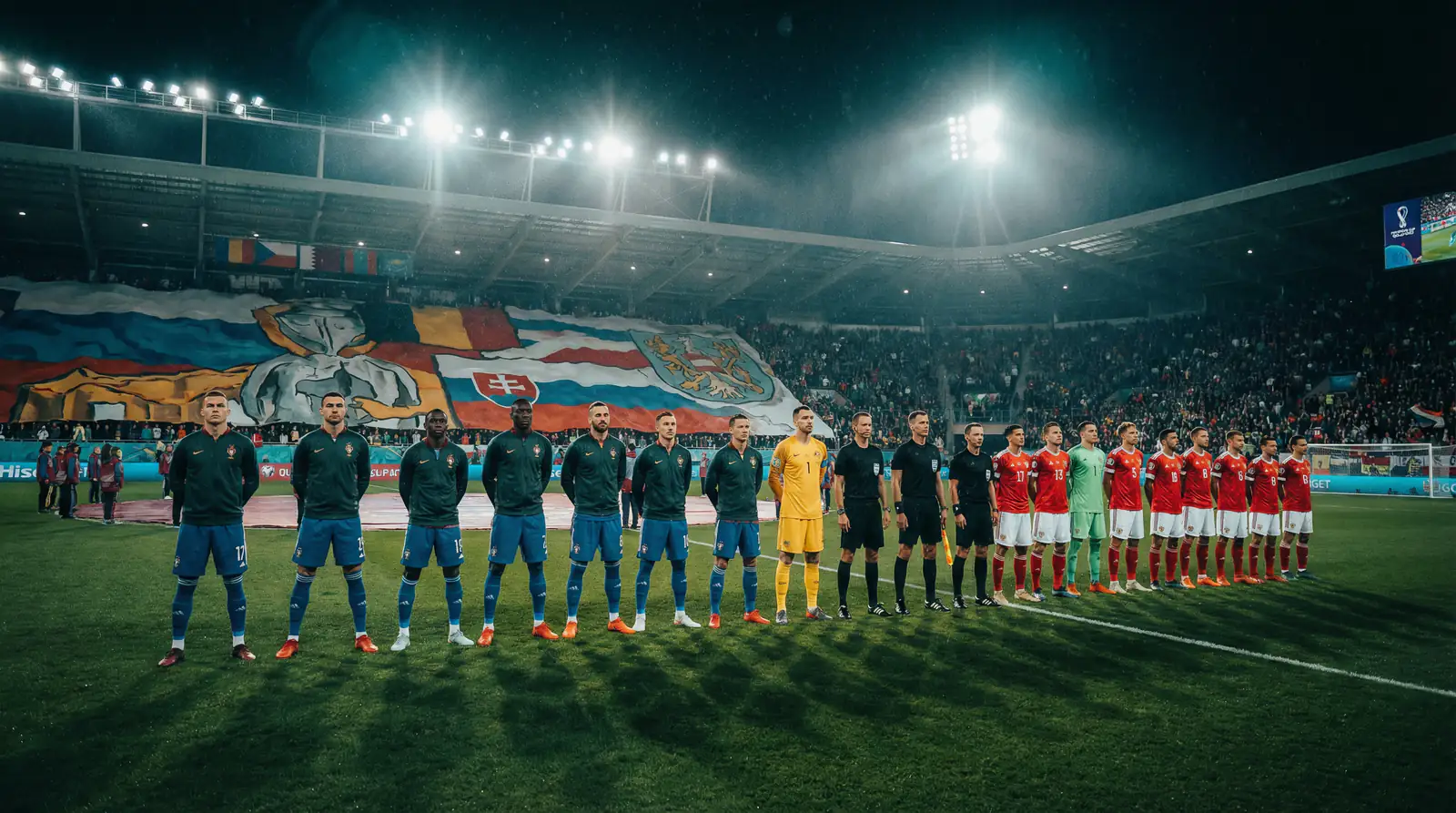 Fotbollsspelare i landslagströjor står uppställda på en grön plan före en internationell landskamp under strålkastarljus
