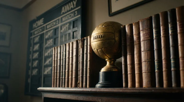 Historiska VM-troféer och statistiktavla med rekord från 1930 till 2026