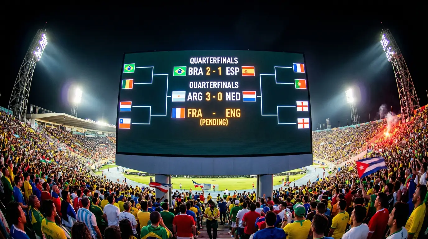 Stor elektronisk resultattavla på en fotbollsarena som visar VM 2026-odds för toppnationerna under en kvällsmatch